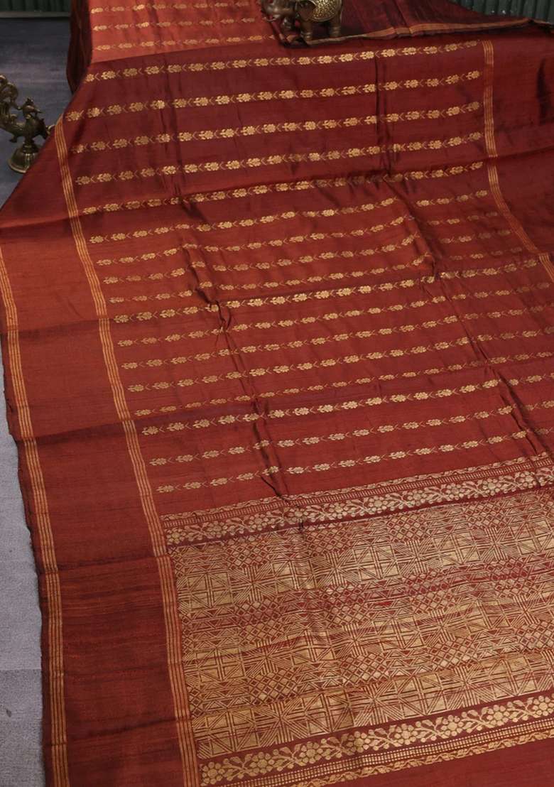 Pure Dupion Silk Saree Brown With Allover Zari Woven Floral Butta Weaves And Rettapet Zari Woven Border With Buttas And Brocade Design For Women - Indya