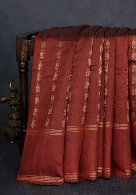 Pure Dupion Silk Saree Brown With Allover Zari Woven Floral Butta Weaves And Rettapet Zari Woven Border With Buttas And Brocade Design For Women