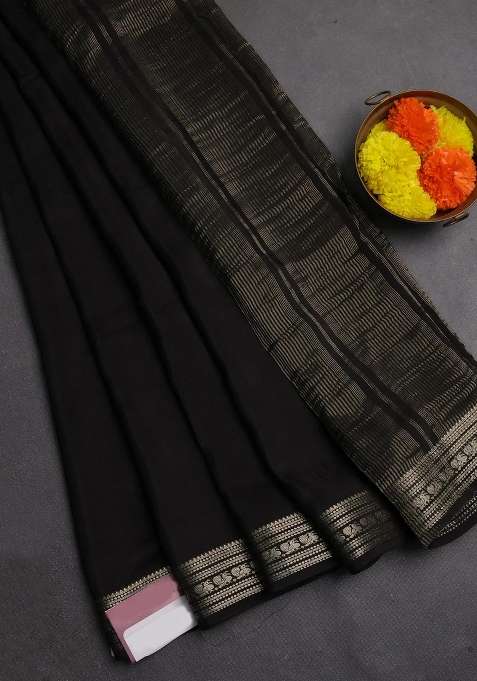 Semi Mysore Silk Saree Black With Plain Body And Zari Woven Border With Traditional Woven Design For Women