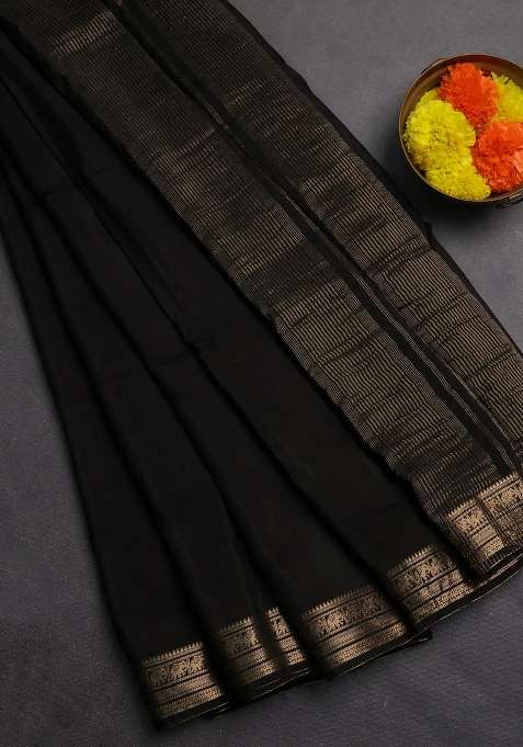Semi Mysore Silk Saree Black With Plain Body And Temple Design Zari Woven Border With Korvai And Temple Border Design For Women