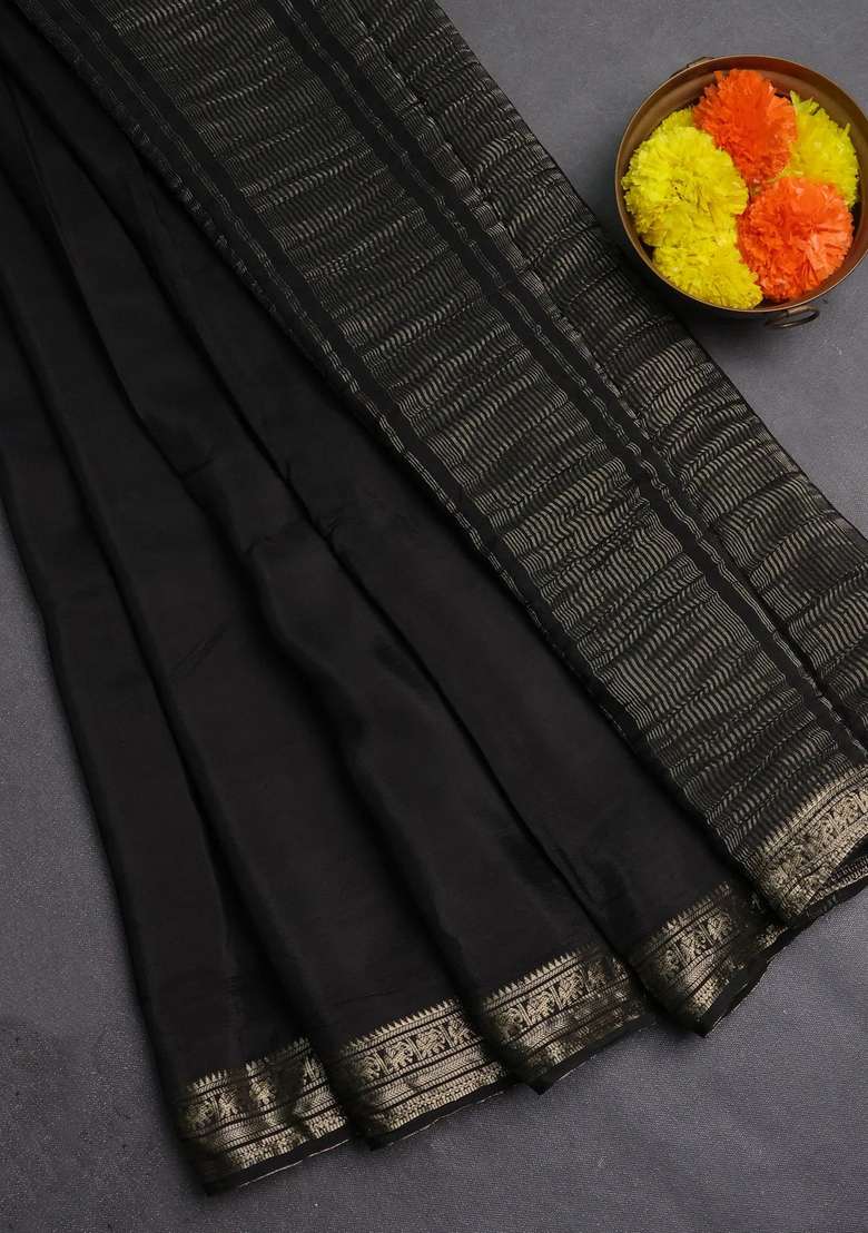 Semi Mysore Silk Saree Black With Plain Body And Temple Design Zari Woven Border With Korvai And Temple Border Design For Women - Indya