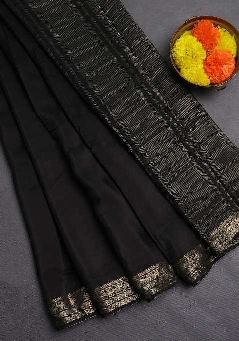 Semi Mysore Silk Saree Black With Plain Body And Temple Design Zari Woven Border With Korvai And Temple Border Design For Women