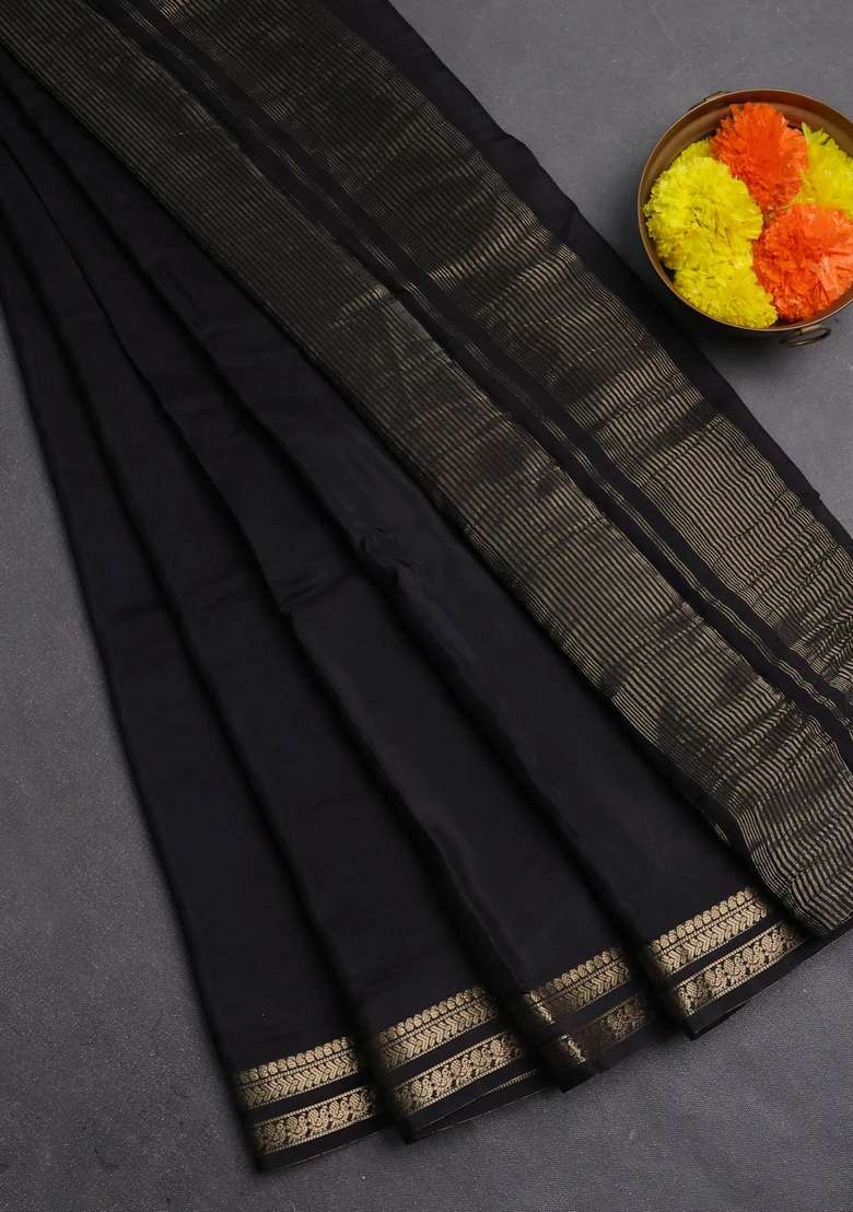 Semi Mysore Silk Saree Black With Plain Body And Zari Woven Border With Traditional Woven Design For Women - Indya