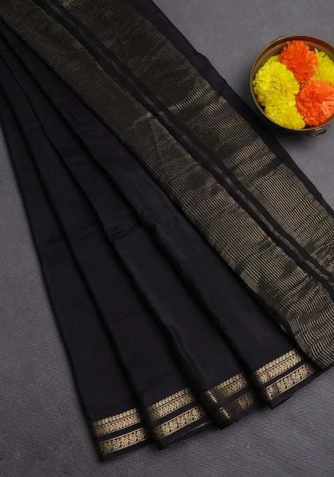 Semi Mysore Silk Saree Black With Plain Body And Zari Woven Border With Traditional Woven Design For Women