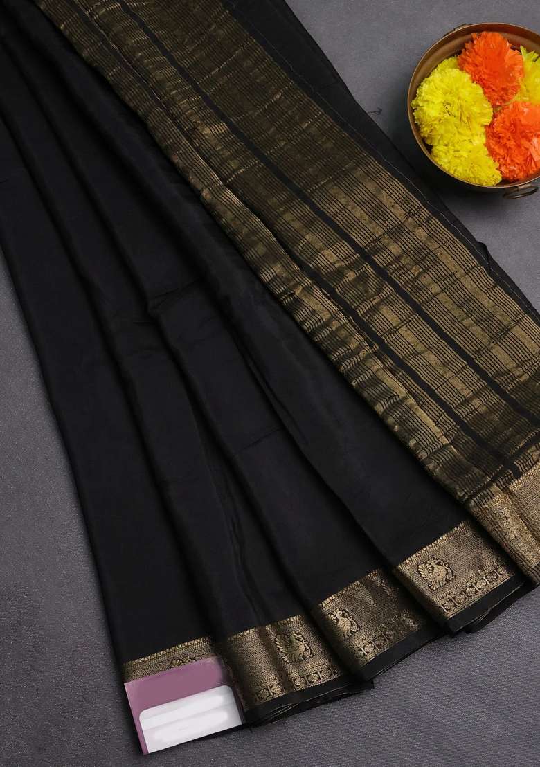 Semi Mysore Silk Saree Black With Plain Body And Zari Woven Border With Traditional Woven Design For Women - Indya