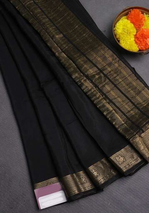 Semi Mysore Silk Saree Black With Plain Body And Zari Woven Border With Traditional Woven Design For Women