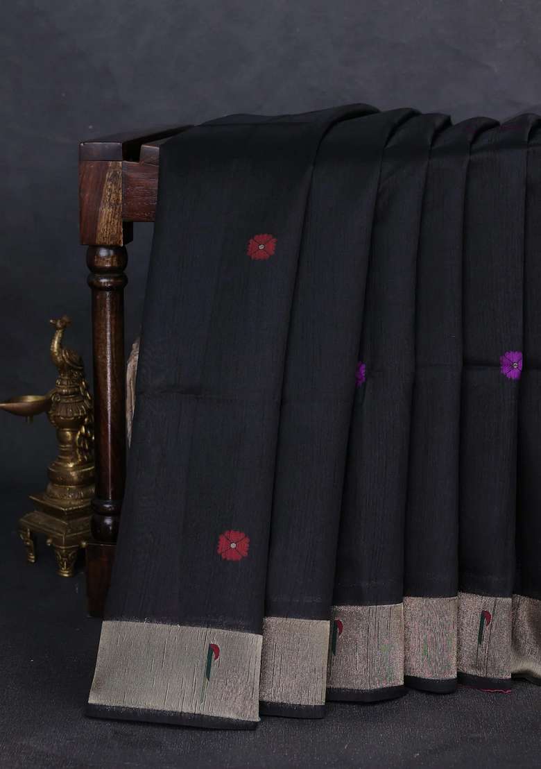 Semi Paithani Art Silk Saree Black With Floral Thread Woven Buttas And Parrot Design Paithani Pallu With Buttas And Brocade Design For Women - Indya