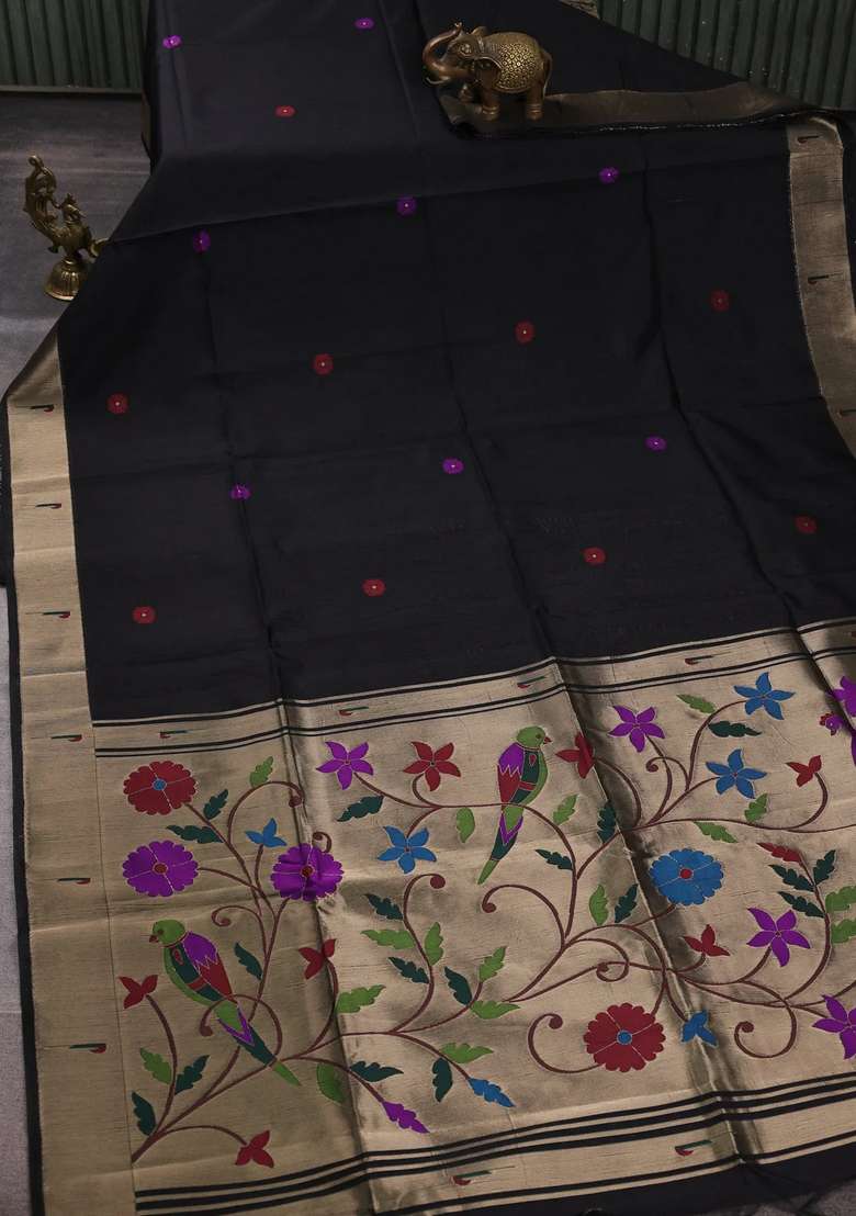 Semi Paithani Art Silk Saree Black With Floral Thread Woven Buttas And Parrot Design Paithani Pallu With Buttas And Brocade Design For Women - Indya