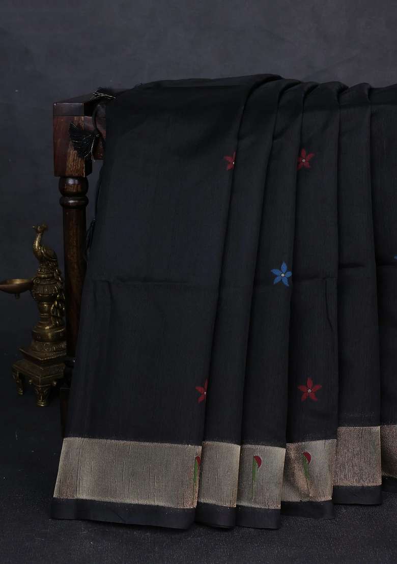 Semi Paithani Art Silk Saree Black With Floral Thread Woven Buttas And Paithani Pallu With Buttas And Brocade Design For Women - Indya