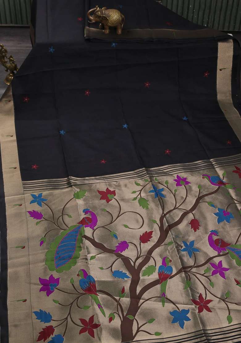Semi Paithani Art Silk Saree Black With Floral Thread Woven Buttas And Paithani Pallu With Buttas And Brocade Design For Women - Indya