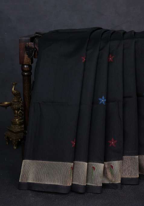 Semi Paithani Art Silk Saree Black With Floral Thread Woven Buttas And Paithani Pallu With Buttas And Brocade Design For Women