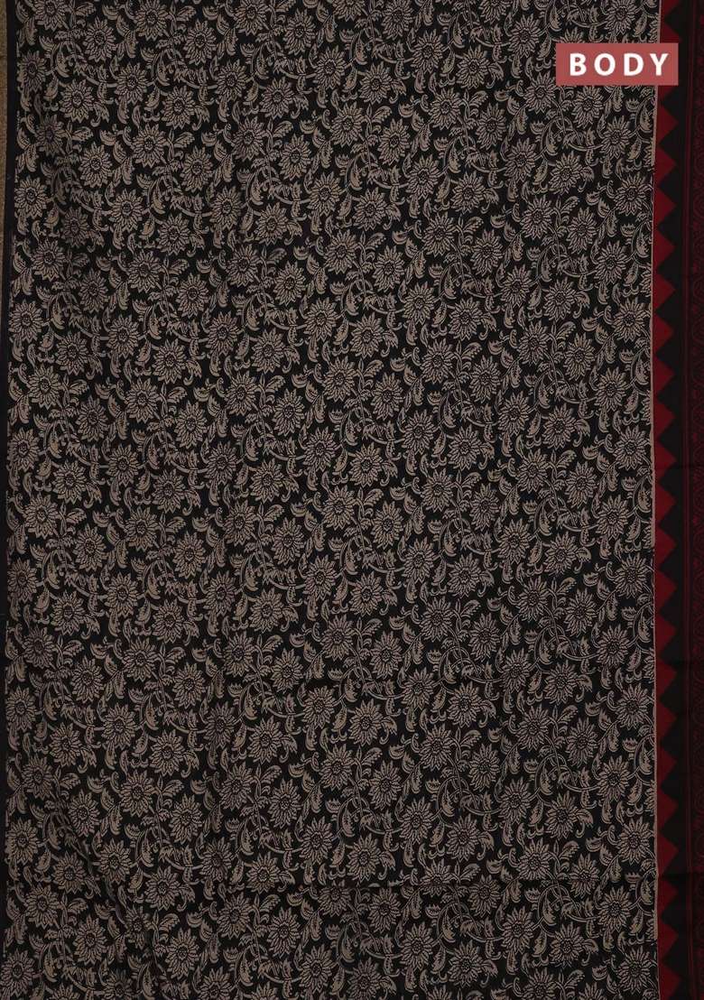 Muslin Cotton Saree Black With Allover Kalamkari Prints And Zari Woven Border With Printed Design For Women - Indya