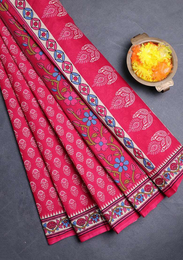 Muslin Cotton Saree Pink And Beige With Allover Butta Prints And Printed Border For Women - Indya
