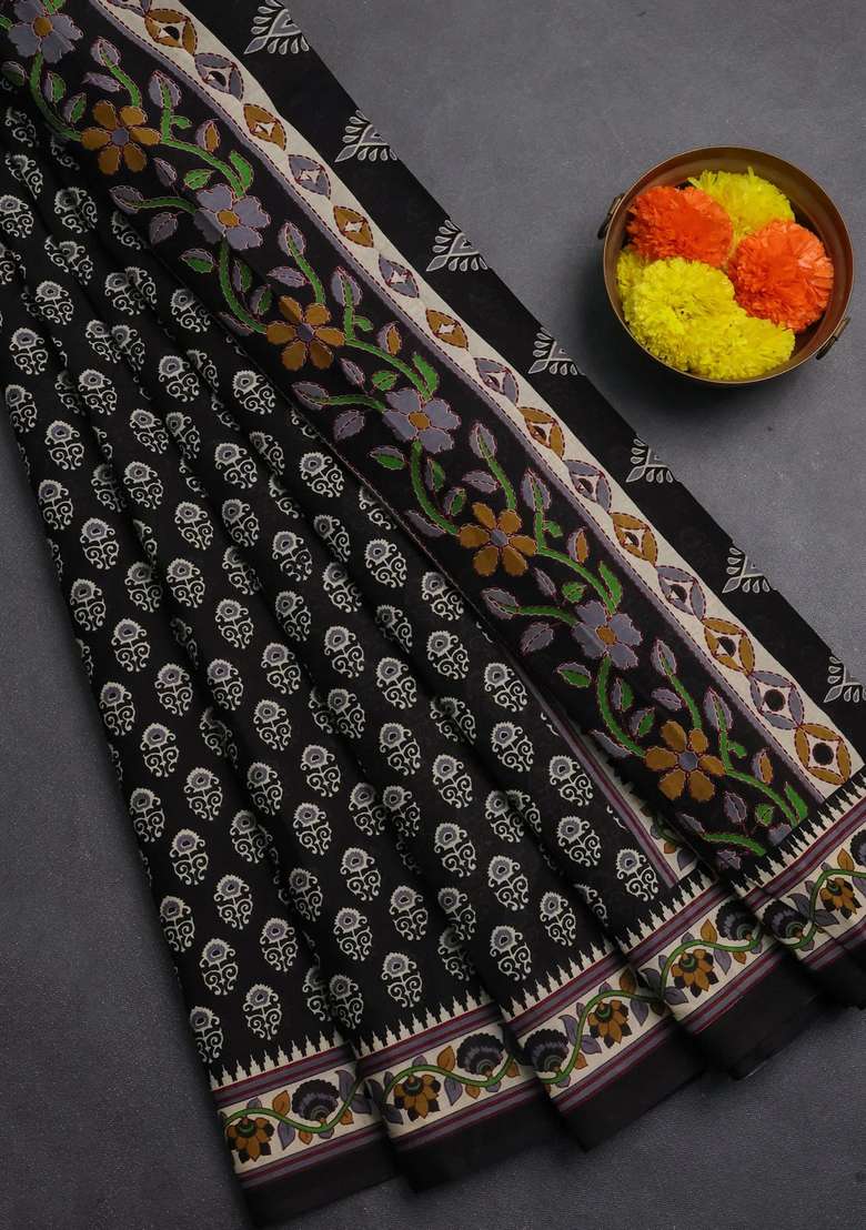 Muslin Cotton Saree Black And Beige With Allover Butta Prints And Printed Border For Women - Indya