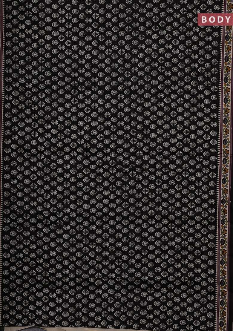 Muslin Cotton Saree Black And Beige With Allover Butta Prints And Printed Border For Women - Indya