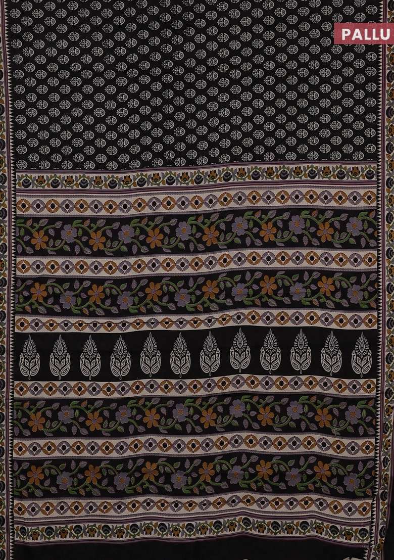 Muslin Cotton Saree Black And Beige With Allover Butta Prints And Printed Border For Women - Indya