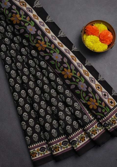 Muslin Cotton Saree Black And Beige With Allover Butta Prints And Printed Border For Women