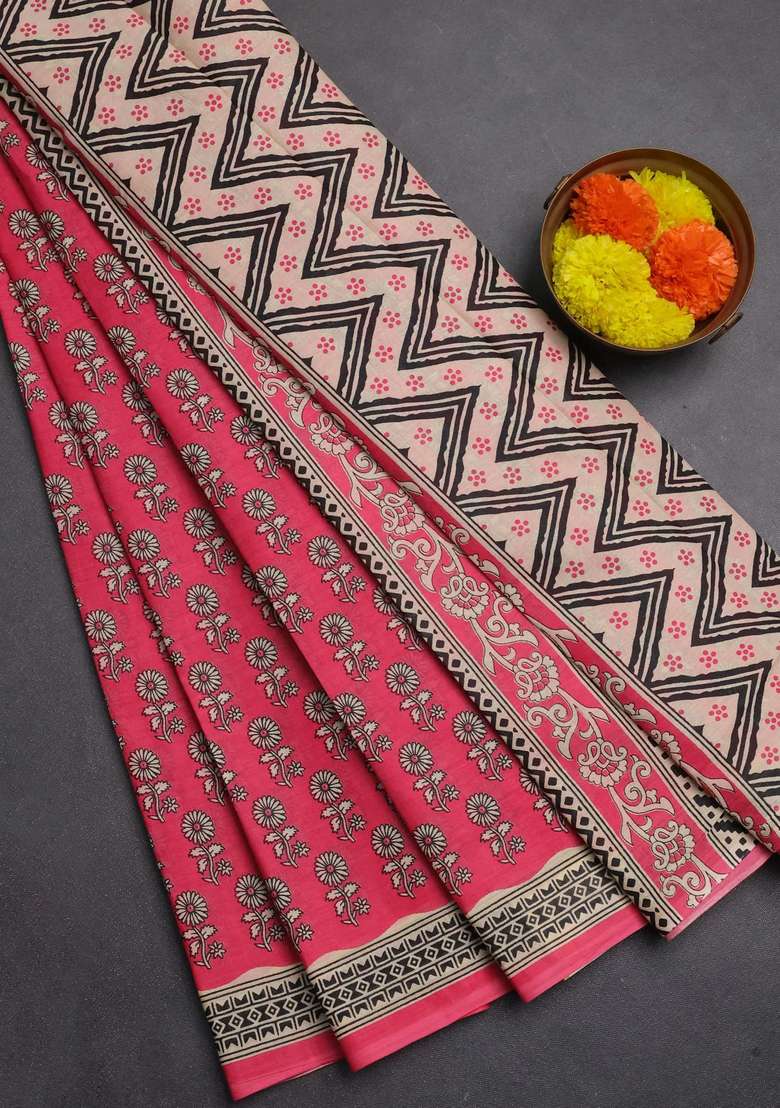 Muslin Cotton Saree Pink And Beige With Allover Butta Prints And Printed Border For Women - Indya