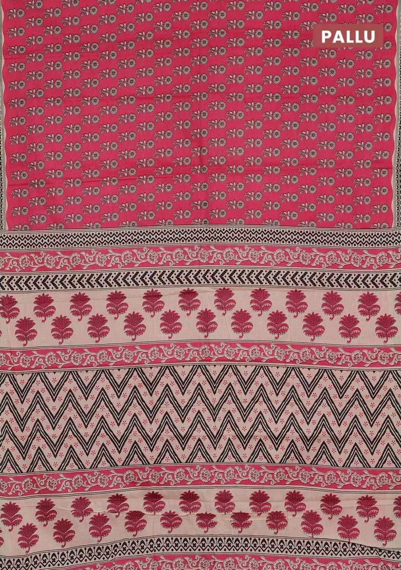 Muslin Cotton Saree Pink And Beige With Allover Butta Prints And Printed Border For Women - Indya