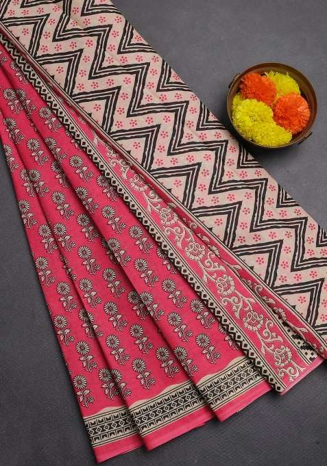 Muslin Cotton Saree Pink And Beige With Allover Butta Prints And Printed Border For Women