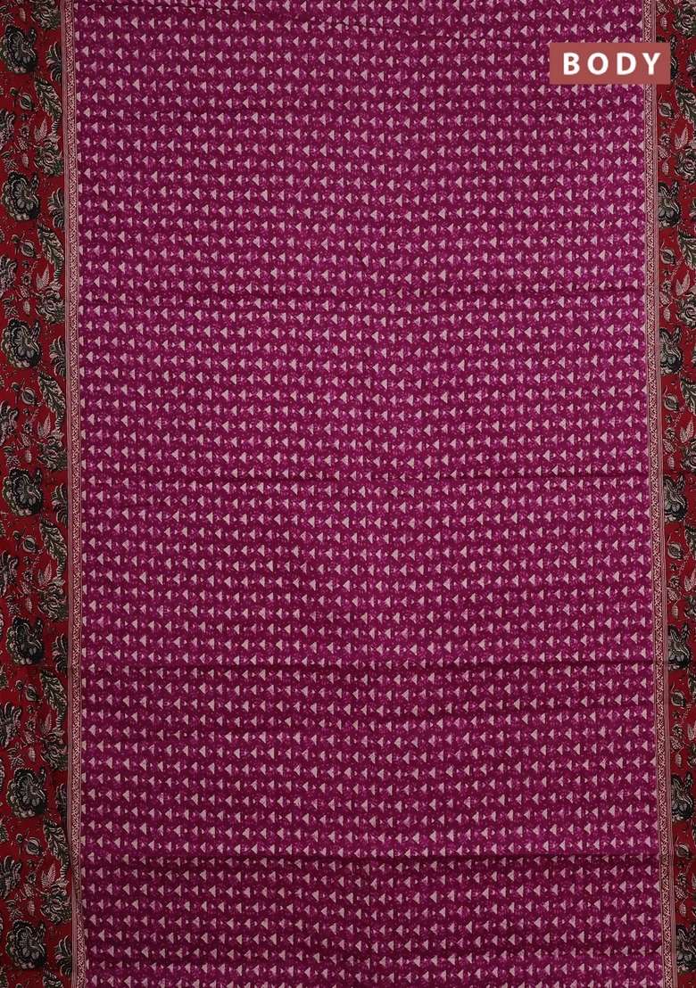 Muslin Cotton Saree Purple And Maroon With Allover Kalamkari Prints And Printed Border For Women - Indya