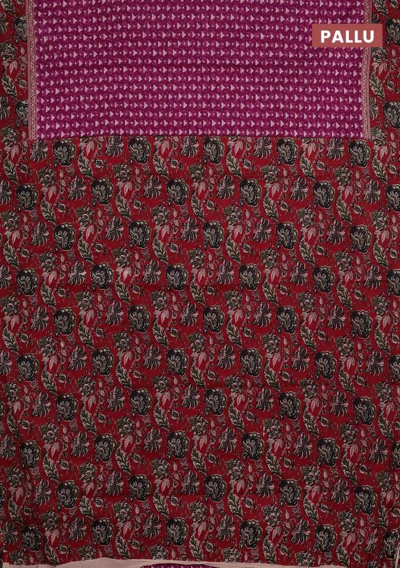 Muslin Cotton Saree Purple And Maroon With Allover Kalamkari Prints And Printed Border For Women - Indya