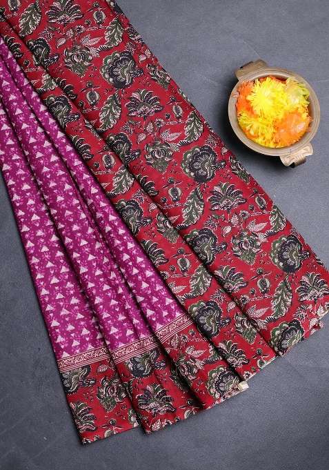 Muslin Cotton Saree Purple And Maroon With Allover Kalamkari Prints And Printed Border For Women
