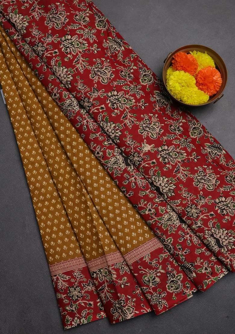 Muslin Cotton Saree Dark Mustard And Maroon With Allover Butta Prints And Printed Border For Women - Indya