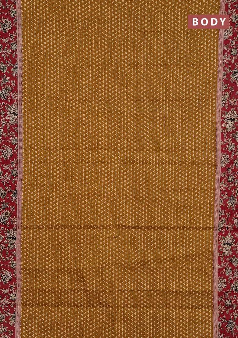 Muslin Cotton Saree Dark Mustard And Maroon With Allover Butta Prints And Printed Border For Women - Indya