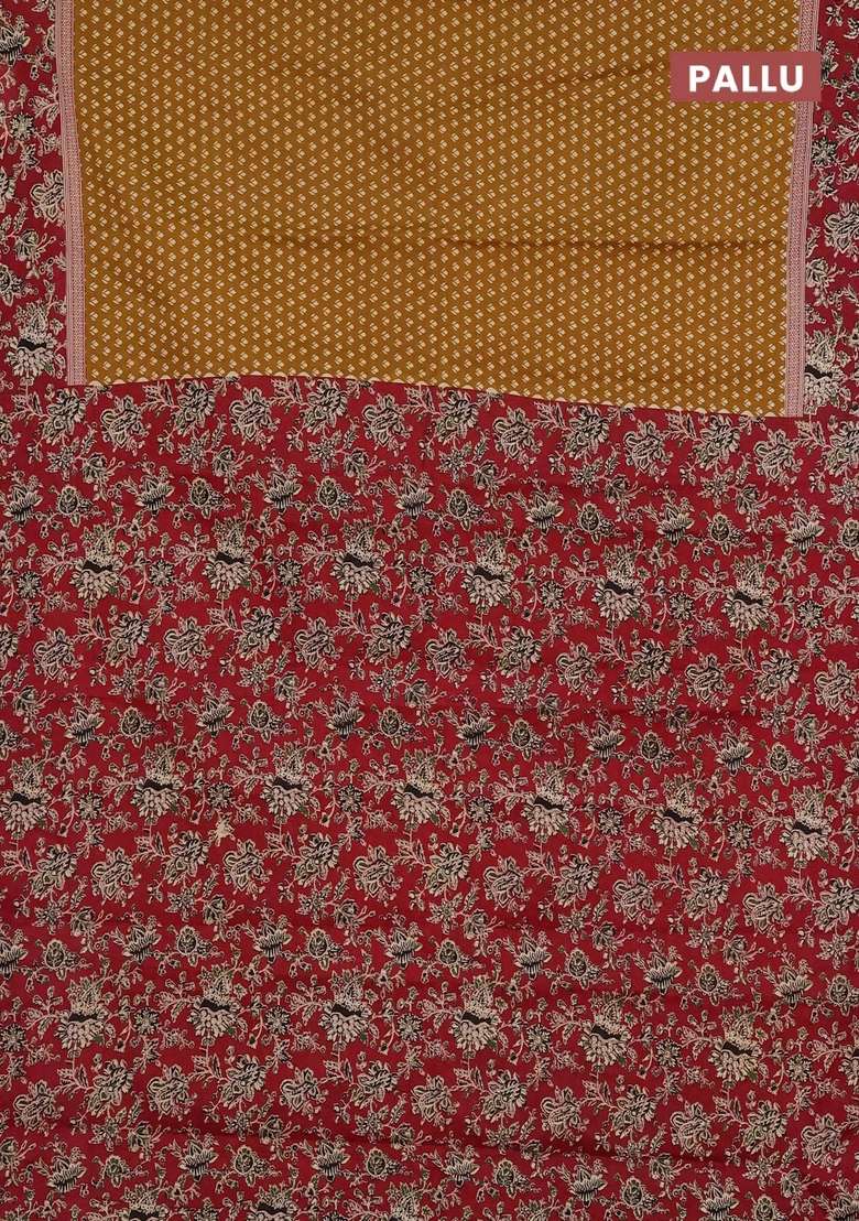 Muslin Cotton Saree Dark Mustard And Maroon With Allover Butta Prints And Printed Border For Women - Indya