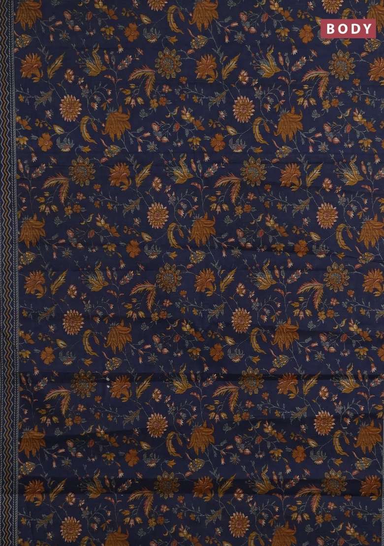 Muslin Cotton Saree Dark Grey With Allover Kalamkari Prints And Printed Border For Women - Indya