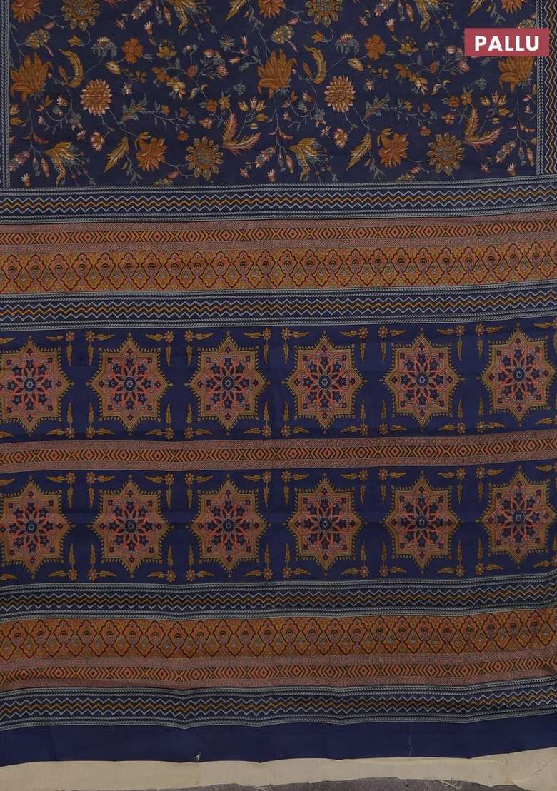 Muslin Cotton Saree Dark Grey With Allover Kalamkari Prints And Printed Border For Women - Indya