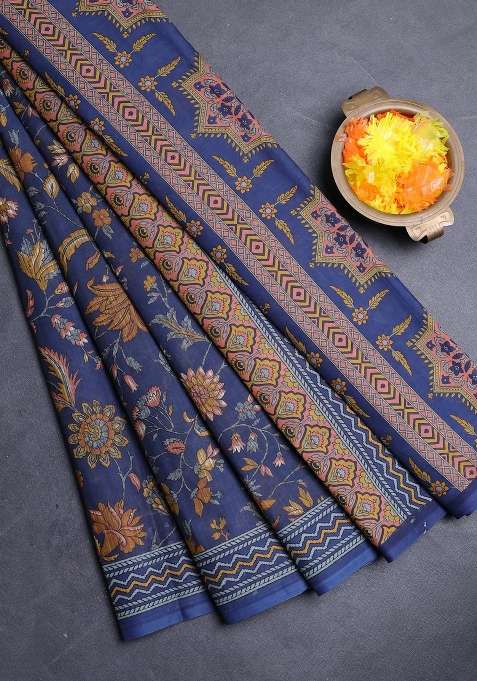 Muslin Cotton Saree Dark Grey With Allover Kalamkari Prints And Printed Border For Women