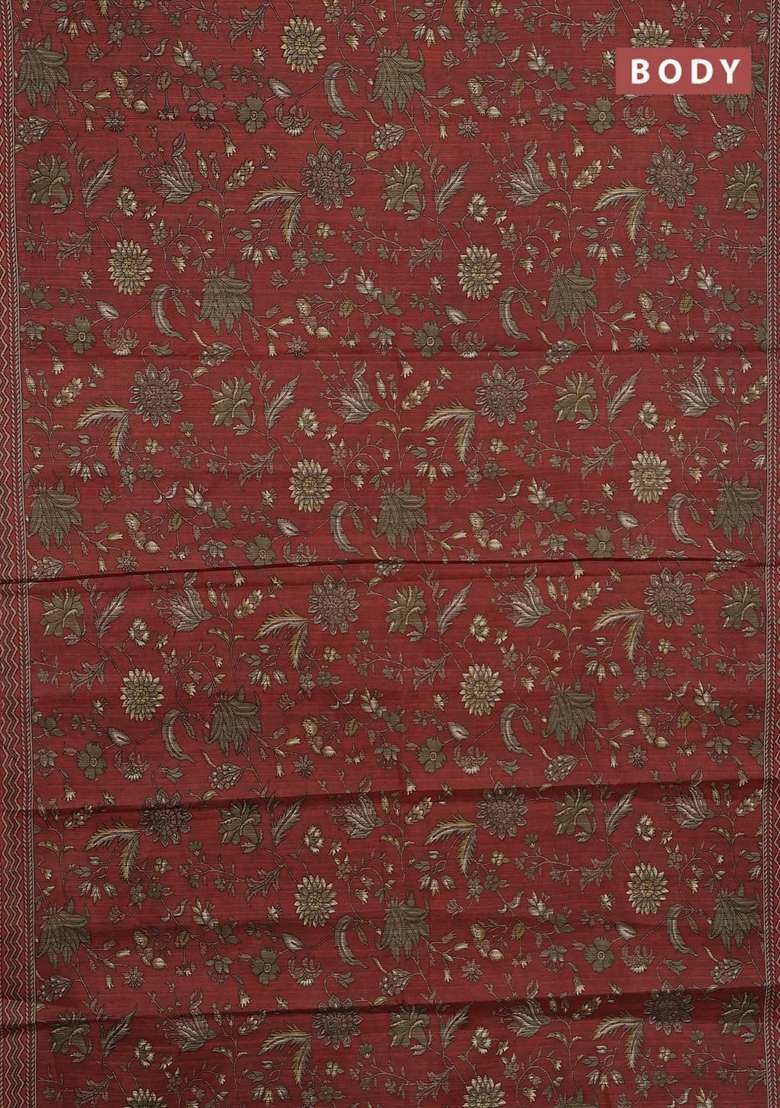 Muslin Cotton Saree Rust Shade With Allover Kalamkari Prints And Printed Border For Women - Indya