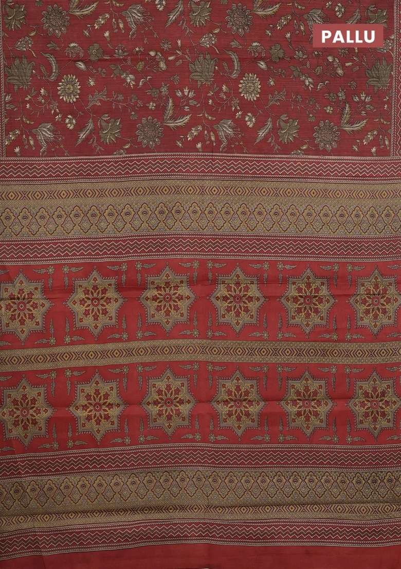 Muslin Cotton Saree Rust Shade With Allover Kalamkari Prints And Printed Border For Women - Indya
