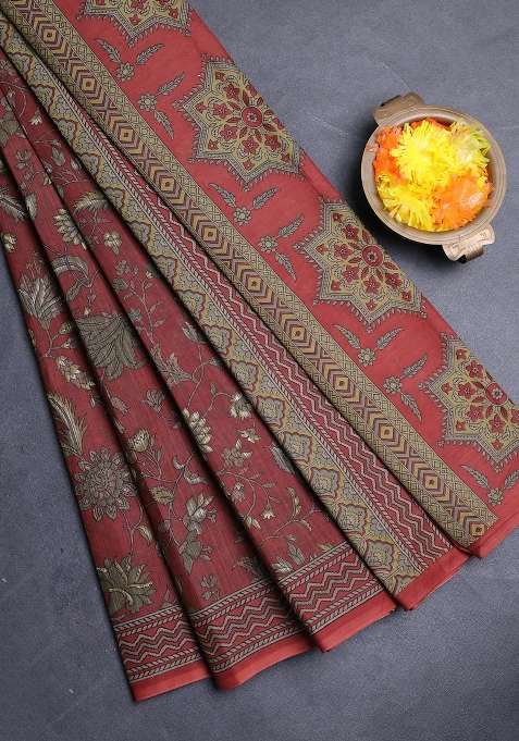 Muslin Cotton Saree Rust Shade With Allover Kalamkari Prints And Printed Border For Women