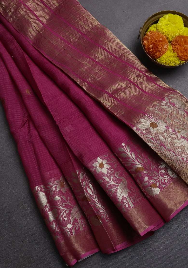 Silk Kota Cotton Saree Mauve Pink With Thread Zari Woven Buttas And Long Zari Woven Border With Buttas And Brocade Design For Women - Indya