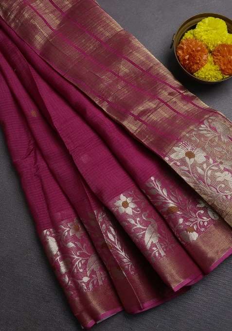 Silk Kota Cotton Saree Mauve Pink With Thread Zari Woven Buttas And Long Zari Woven Border With Buttas And Brocade Design For Women