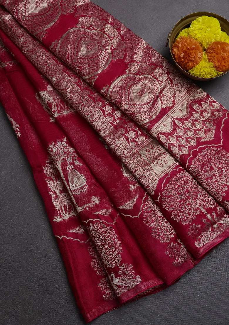 Silk Kota Cotton Saree Pink With Allover Zari Woven Buttas And Zari Woven Butta Border With Buttas And Brocade Design For Women - Indya