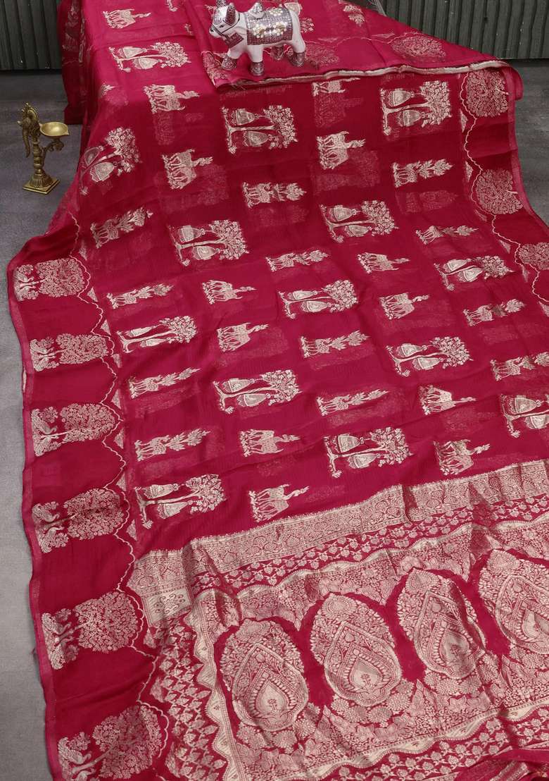 Silk Kota Cotton Saree Pink With Allover Zari Woven Buttas And Zari Woven Butta Border With Buttas And Brocade Design For Women - Indya