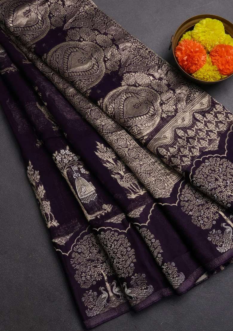Silk Kota Cotton Saree Deep Violet With Allover Zari Woven Buttas And Zari Woven Butta Border With Buttas And Brocade Design For Women - Indya