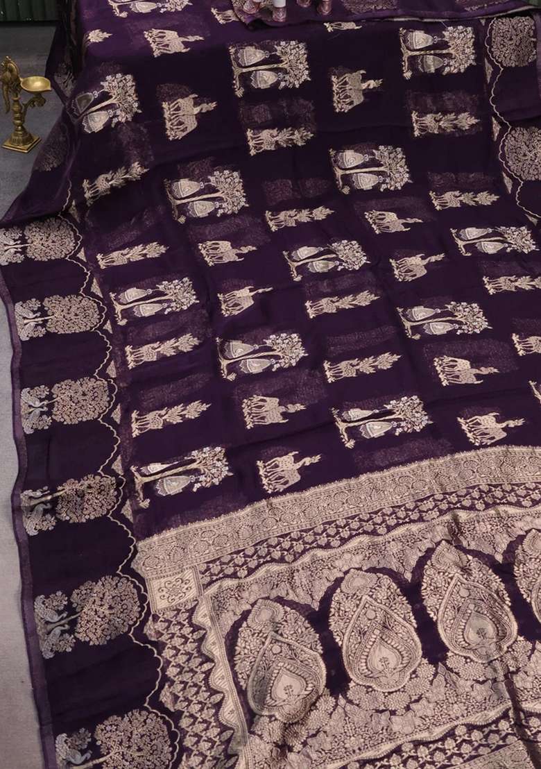 Silk Kota Cotton Saree Deep Violet With Allover Zari Woven Buttas And Zari Woven Butta Border With Buttas And Brocade Design For Women - Indya