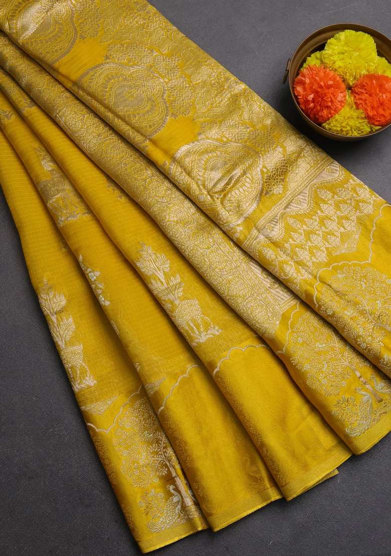 Silk Kota Cotton Saree Yellow With Allover Zari Woven Buttas And Zari Woven Butta Border With Buttas And Brocade Design For Women - Indya