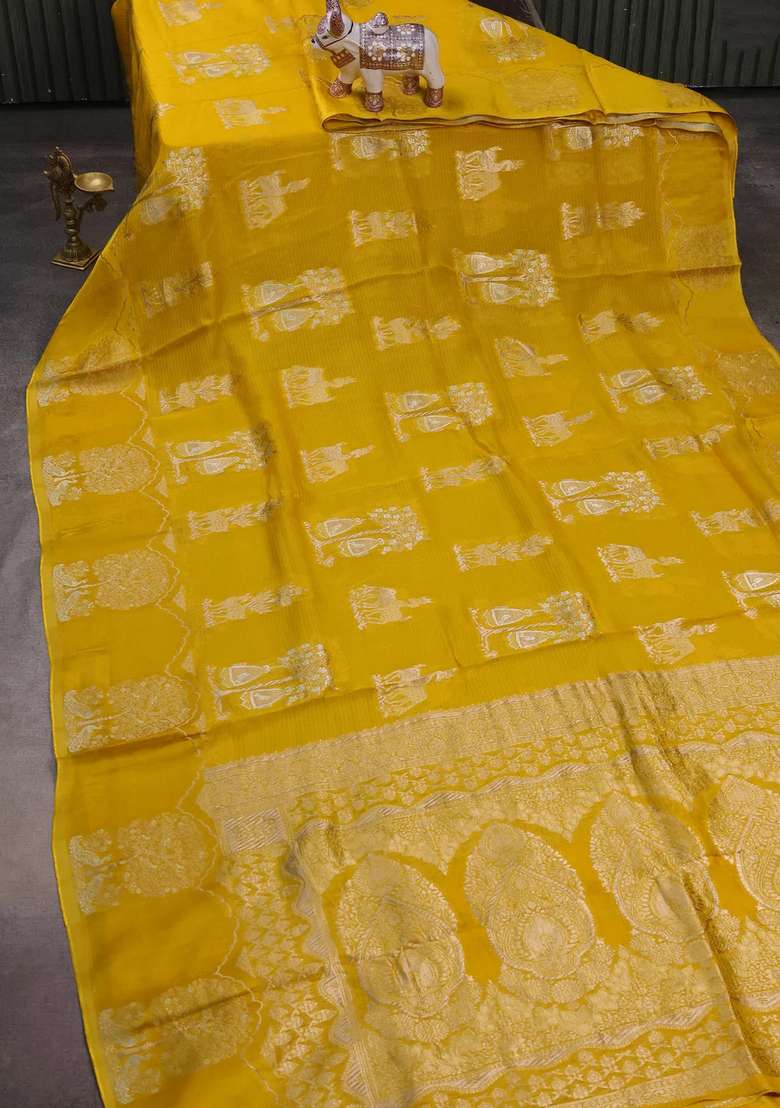 Silk Kota Cotton Saree Yellow With Allover Zari Woven Buttas And Zari Woven Butta Border With Buttas And Brocade Design For Women - Indya