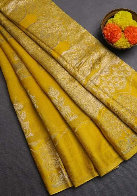 Silk Kota Cotton Saree Yellow With Allover Zari Woven Buttas And Zari Woven Butta Border With Buttas And Brocade Design For Women