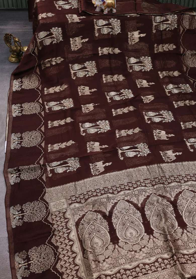 Silk Kota Cotton Saree Coffee Brown With Allover Zari Woven Buttas And Zari Woven Butta Border With Buttas And Brocade Design For Women - Indya