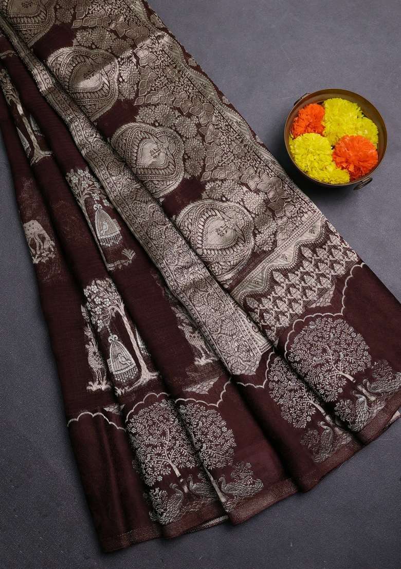 Silk Kota Cotton Saree Coffee Brown With Allover Zari Woven Buttas And Zari Woven Butta Border With Buttas And Brocade Design For Women - Indya