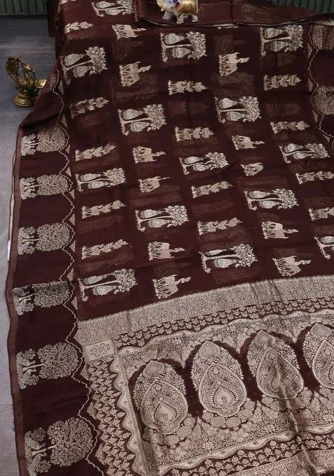Silk Kota Cotton Saree Coffee Brown With Allover Zari Woven Buttas And Zari Woven Butta Border With Buttas And Brocade Design For Women