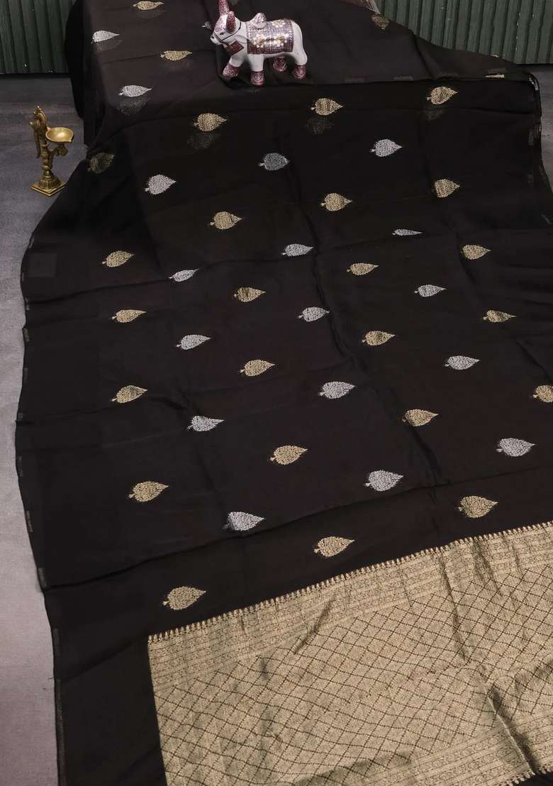 Silk Kota Cotton Saree Black With Allover Silver Gold Zari Woven Buttas And Simple Border With Buttas And Brocade Design For Women - Indya