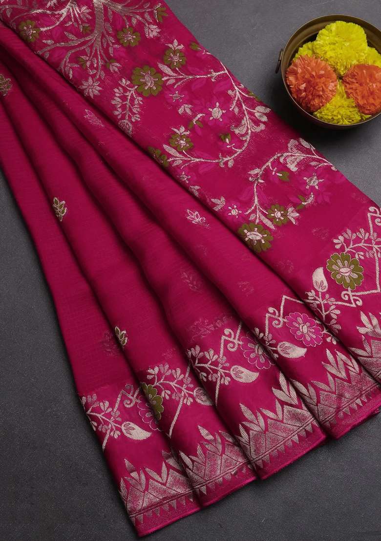Silk Kota Cotton Saree Pink With Allover Thread Zari Woven Buttas And Zari Woven Border With Buttas And Brocade Design For Women - Indya